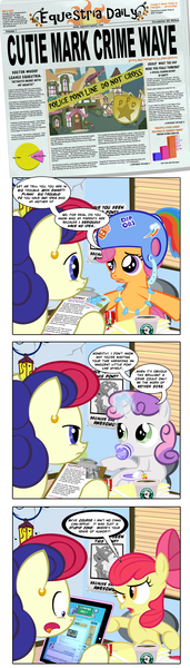 Size: 1200x4201 | Tagged: safe, artist:pixelkitties, derpibooru import, apple bloom, scootaloo, sweetie belle, trixie, oc, oc:bon chance, earth pony, pegasus, pony, unicorn, comic, cutie mark crusaders, ear piercing, earring, female, filly, foal, g4, horn, image, implied cannibalism, jewelry, mare, movie reference, newspaper, piercing, png, sitting, the usual suspects