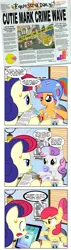 Size: 1200x4201 | Tagged: safe, artist:pixelkitties, derpibooru import, apple bloom, scootaloo, sweetie belle, trixie, oc, oc:bon chance, earth pony, pegasus, pony, unicorn, comic, cutie mark crusaders, ear piercing, earring, female, filly, foal, g4, horn, image, implied cannibalism, jewelry, mare, movie reference, newspaper, piercing, png, sitting, the usual suspects