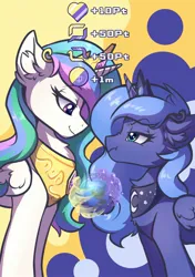 Size: 1440x2048 | Tagged: safe, artist:ravistdash, derpibooru import, princess celestia, princess luna, alicorn, advertisement, crown, growth drive, image, jewelry, jpeg, looking at each other, looking at someone, macro, regalia, smiling, smirk, text