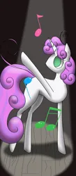 Size: 446x1024 | Tagged: safe, artist:kharmatika, derpibooru import, sweetie belle, pony, colored, concave belly, curly mane, curly tail, female, filly, foal, g4, image, indoors, jpeg, long tail, music notes, old art, raised hoof, slender, solo, spotlight, tail, thin, turned head