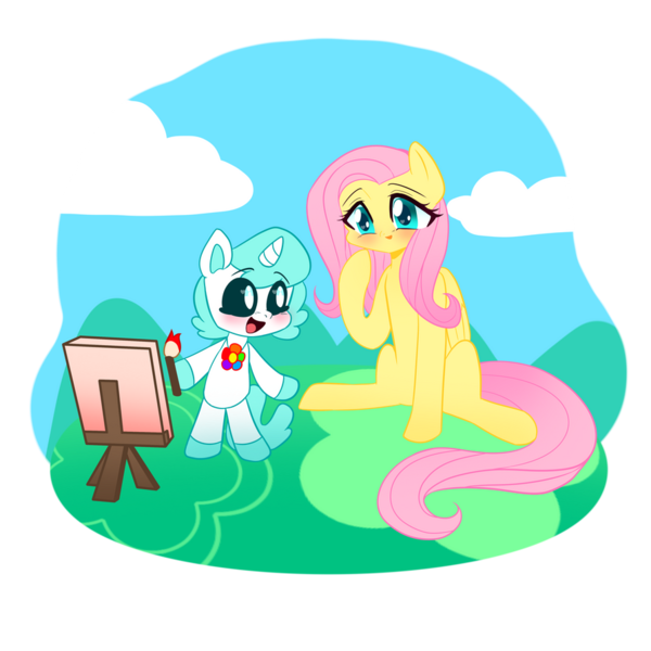 Size: 894x894 | Tagged: safe, derpibooru import, fluttershy, pegasus, pony, blue eyes, craftycorn, female, image, jewelry, mare, necklace, painting, png, poppy playtime, smiling, smiling critters