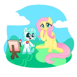 Size: 894x894 | Tagged: safe, derpibooru import, fluttershy, pegasus, pony, blue eyes, craftycorn, female, image, jewelry, mare, necklace, painting, png, poppy playtime, smiling, smiling critters