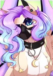 Size: 2760x3920 | Tagged: safe, artist:honeybbear, derpibooru import, oc, oc:dreamy nightfall, unofficial characters only, bat pony, collar, colored wings, ear fluff, ear piercing, eyeshadow, facial markings, female, gauges, gradient mane, gradient wings, hair accessory, hair over one eye, hybrid wings, image, jewelry, looking at you, makeup, mask, necklace, piercing, png, solo, wings