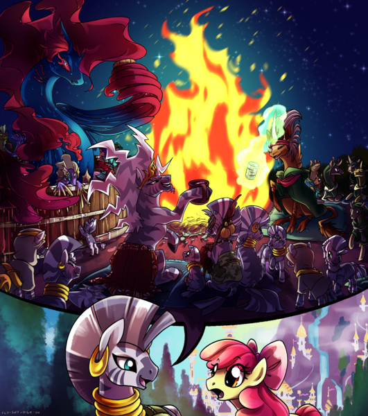 Size: 2760x3116 | Tagged: safe, artist:fly-sky-high, derpibooru import, apple bloom, zecora, oc, abada, earth pony, kelpie, pony, zebra, fanfic:turmoil rising, abraxas, amun, canterlot, child, cute, female, fire, image, male, party, png, shaman, tribal, watami, zebra oc, zecorable