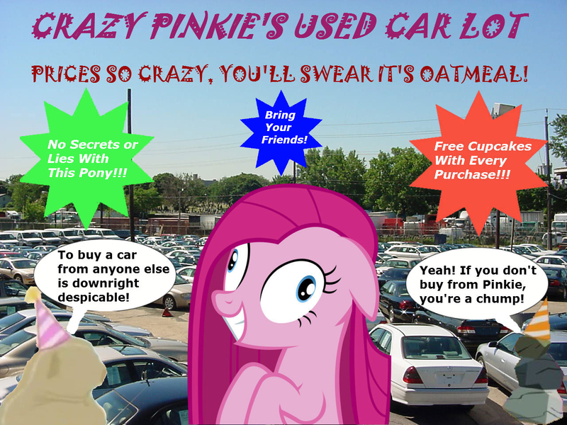 Size: 1280x960 | Tagged: artist needed, source needed, safe, derpibooru import, madame le flour, pinkie pie, rocky, earth pony, advertisement, car, cupcake, food, g4, image, jpeg, oatmeal, oats, photoshop, pinkamena diane pie, silly