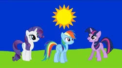 Size: 1080x602 | Tagged: safe, screencap, rainbow dash, rarity, twilight sparkle, pegasus, pony, unicorn, series:mlp animation's short films, series:rain day, cute, dashabetes, female, image, jpeg, raribetes, sun, trio, trio female, twiabetes