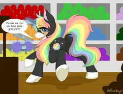 Size: 2578x1965 | Tagged: safe, alternate version, artist:artmonkey27, derpibooru import, oc, unofficial characters only, pony, unicorn, butt, eye clipping through hair, featureless crotch, female, high res, horn, image, mare, multicolored hair, plot, png, rainbow hair, shop, solo, speech bubble, yarn
