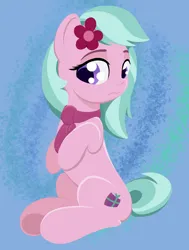 Size: 2480x3288 | Tagged: safe, artist:itchystomach, derpibooru import, earth pony, pony, g5, clothes, concave belly, concerned, dahlia, digital art, female, flower, flower in hair, frown, image, mare, png, scarf, sitting, solo, turned head, underhoof