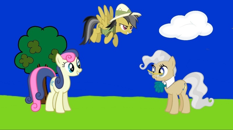 Size: 1080x604 | Tagged: safe, screencap, bon bon, daring do, mayor mare, sweetie drops, earth pony, pegasus, pony, series:mayor's best friend, series:mlp animation's short films, female, flying, image, jpeg, trio, trio female