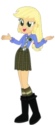 Size: 1500x3419 | Tagged: safe, artist:sketchmcreations, derpibooru import, applejack, equestria girls, boots, button-up shirt, clothes, dress shirt, female, g4, image, maddie fitzpatrick, missing accessory, name tag, necktie, open mouth, plaid skirt, pleated skirt, png, shirt, shoes, shrug, simple background, skirt, smiling, socks, the suite life of zack and cody, transparent background, uniform, vector