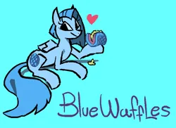 Size: 828x604 | Tagged: safe, artist:mizu wolf, derpibooru import, oc, oc:blue waffles, unofficial characters only, pegasus, pony, food, heart, holding, image, lying down, png, prone, simple background, smiling, solo, waffle
