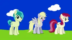 Size: 1080x599 | Tagged: safe, screencap, derpy hooves, roseluck, sandbar, earth pony, pegasus, pony, series:mlp animation's short films, series:octavia's practice, cute, derpabetes, happy, image, jpeg, smiling, trio