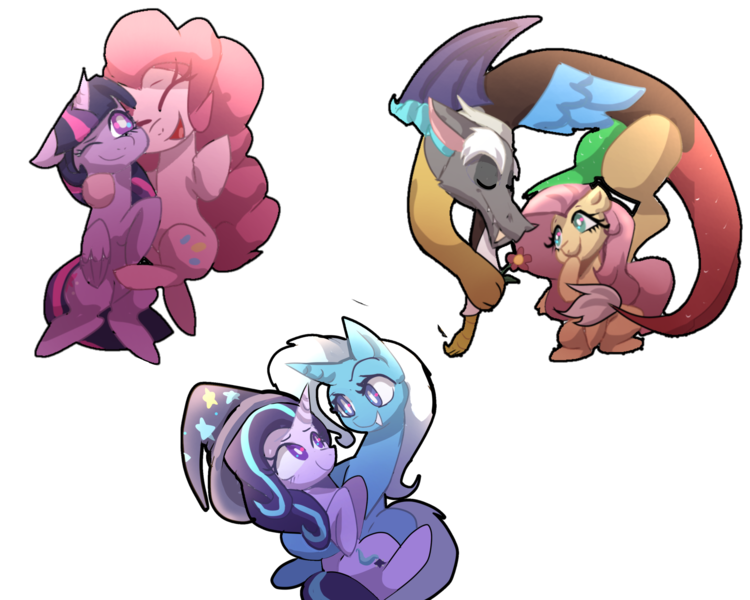 Size: 5275x4221 | Tagged: safe, artist:peanutfrogy, derpibooru import, discord, fluttershy, pinkie pie, starlight glimmer, trixie, twilight sparkle, alicorn, draconequus, earth pony, pegasus, pony, unicorn, clothes, cute, daaaaaaaaaaaw, diapinkes, diatrixes, discoshy, discute, female, flower, glimmerbetes, hat, horn, hug, image, lesbian, male, png, shipping, shyabetes, smiling, startrix, straight, trixie's hat, twiabetes, twinkie