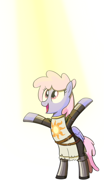 Size: 1386x2464 | Tagged: safe, artist:truthormare, ponerpics import, rainbowshine, ponified, pegasus, pony, armor, armored pony, crepuscular rays, crossover, dark souls, female, image, mare, png, ponerpics fantasy community collab 2024, princess celestia's cutie mark, rainbowshining, simple background, smiling, solaire of astora, solo, transparent background