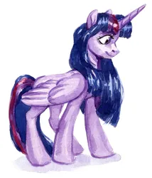 Size: 1673x1956 | Tagged: safe, artist:renka2802, artist:tigra0118, derpibooru import, twilight sparkle, twilight sparkle (alicorn), alicorn, pony, female, g4, image, mare, png, simple background, sketch, smiling, solo, traditional art, watercolor painting, white background