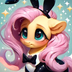 Size: 922x921 | Tagged: safe, ai content, derpibooru import, machine learning assisted, machine learning generated, stable diffusion, fluttershy, pegasus, pony, beautiful, black suit, blushing, bow, bowtie, bunny ears, bunny suit, clothes, cute, detailed, detailed hair, g4, generator:purplesmart.ai, green eyes, image, looking at you, pink hair, png, prompter:saltyvity, simple background, smiling, smiling at you, solo, sparkles, stars