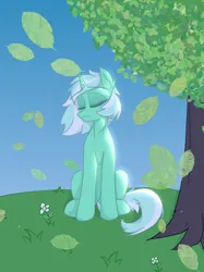 Size: 1036x1382 | Tagged: safe, artist:門久, derpibooru import, lyra heartstrings, pony, unicorn, background pony, eyes closed, g4, horn, image, leaves, png, solo, tree