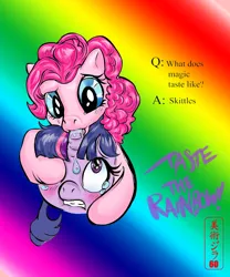 Size: 848x1021 | Tagged: safe, artist:artzilla60, artist:buttercupsaiyan, derpibooru import, pinkie pie, twilight sparkle, earth pony, pony, unicorn, blushing, bust, drool, female, gradient background, horn, horn licking, hornjob, horrified, image, lesbian, licking, mare, png, portrait, rainbow background, shipping, teary eyes, tongue out, twinkie