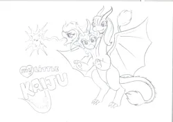 Size: 2197x1551 | Tagged: safe, artist:artzilla60, derpibooru import, dragon, kaiju, bipedal, cute, female, fire, fire breath, image, multiple heads, png, simple background, sketch, solo, spread wings, three heads, traditional art, white background, wings