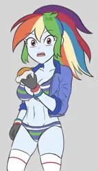Size: 1172x2048 | Tagged: suggestive, artist:sumin6301, derpibooru import, rainbow dash, human, equestria girls, 2d, belly button, breasts, busty rainbow dash, cleavage, clothes, female, food, g4, gloves, image, jacket, jpeg, legs, looking at you, midriff, open mouth, panties, ponytail, socks, solo, striped bra, striped panties, striped underwear, thigh highs, thighs, underwear, wristband