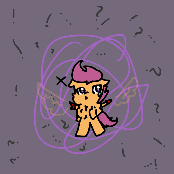 Size: 1000x1000 | Tagged: semi-grimdark, artist:sweetsterty, derpibooru import, scootaloo, blood, broken wing, cheek fluff, chest fluff, exclamation point, image, png, question mark, sad, wings