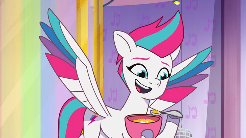 Size: 3072x1727 | Tagged: safe, derpibooru import, screencap, zipp storm, pegasus, pony, g5, my little pony: tell your tale, spoiler:g5, spoiler:my little pony: tell your tale, spoiler:tyts02e07, cereal, crystal brighthouse, female, flying, food, image, jpeg, mare, open mouth, open smile, smiling, solo, spoon, spread wings, the lone alicorn, wings