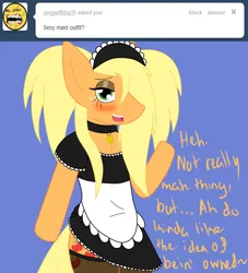 Size: 1164x1280 | Tagged: artist needed, safe, derpibooru import, applejack, earth pony, semi-anthro, ask sexy applejack, ask, clothes, collar, costume, french maid, g4, green eyes, image, maid, png, simple background, solo, tumblr