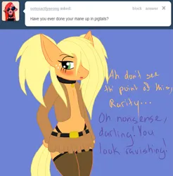 Size: 1257x1280 | Tagged: artist needed, safe, derpibooru import, applejack, earth pony, semi-anthro, ask sexy applejack, ask, blushing, clothes, g4, green eyes, image, pigtails, png, simple background, skirt, solo, tumblr