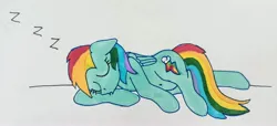 Size: 3838x1743 | Tagged: safe, artist:dhm, derpibooru import, rainbow dash, pony, eyes closed, image, jpeg, lying down, marker drawing, pen drawing, simple background, sleeping, snoring, solo, traditional art