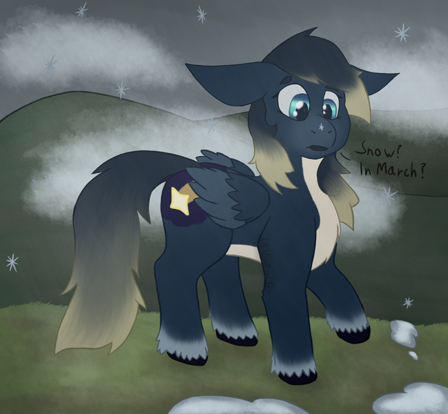 Size: 2000x1850 | Tagged: safe, artist:lil_vampirecj, derpibooru import, oc, unofficial characters only, pegasus, pony, ambiguous gender, blue eyes, chest fluff, clip studio, digital art, fluffy, fur, hooves, image, march, pegasus oc, png, scene, snow, snowfall, solo, spring, tail, tail fluff, text, unshorn fetlocks, wings