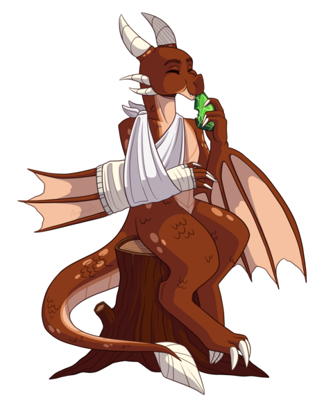 Size: 3200x4000 | Tagged: safe, artist:monnarcha, derpibooru import, oc, oc:pavlos, dragon, wyvern, bandage, barely pony related, broken bone, broken wing, cast, colored wings, dragon oc, dragonified, eating, emerald, gem, image, injured, male, non-pony oc, png, sling, species swap, tail, wings