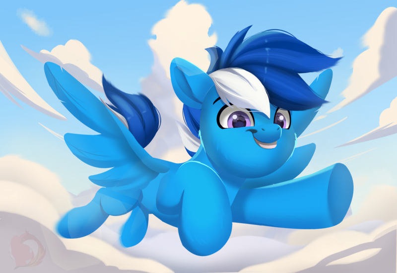 Size: 2890x1983 | Tagged: safe, artist:joaothejohn, derpibooru import, oc, oc:cold front, pegasus, pony, cloud, commission, flying, full body, image, looking down, male, multicolored hair, pegasus oc, png, smiling, solo, spread wings, wings