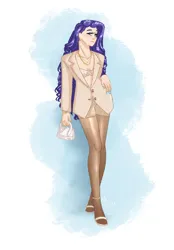 Size: 1640x2360 | Tagged: safe, artist:labrony12, derpibooru import, rarity, human, bag, bracelet, clothes, coat, ear piercing, earring, eyeshadow, female, handbag, high heels, humanized, image, jewelry, makeup, nail polish, necklace, piercing, png, shoes, skirt, socks, solo, stockings, suit, thigh highs