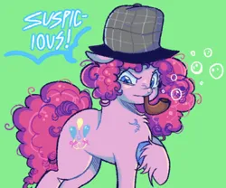 Size: 808x672 | Tagged: safe, artist:kreeeeeez, derpibooru import, pinkie pie, earth pony, pony, bubble, chest fluff, detective, female, g4, image, mare, pipe, png, solo, suspicious, unshorn fetlocks