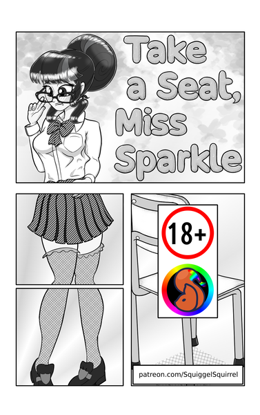 Size: 1299x2067 | Tagged: safe, artist:cybersquirrel, derpibooru import, part of a set, sci-twi, twilight sparkle, human, comic:take a seat miss sparkle, equestria girls, comic, g4, image, manga, monochrome, patreon, patreon link, patreon logo, png, text, title page