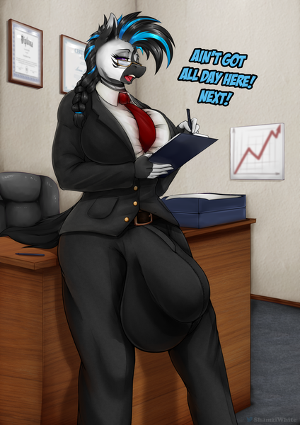 Size: 1000x1415 | Tagged: questionable, artist:shamziwhite, derpibooru import, anthro, zebra, big breasts, big bulge, breasts, crotch bulge, image, intersex, looking at you, my little pony, office, office lady, office suit, open mouth, png, standing, talking to viewer, text