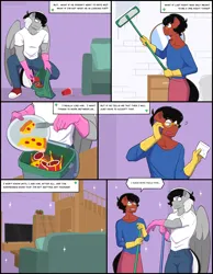 Size: 2048x2643 | Tagged: safe, artist:shallowwin, derpibooru import, oc, oc:benjamin terrance tover, unofficial characters only, anthro, earth pony, pony, anthro oc, cleaning, comic, commission, dialogue, earth pony oc, gay, image, male, oc x oc, png, romance, romantic, shipping, stallion, stallion on stallion