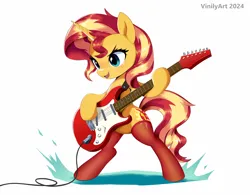 Size: 2340x1823 | Tagged: safe, artist:vinilyart, artist:vinilyart_d, derpibooru import, sunset shimmer, pony, unicorn, bipedal, clothes, female, g4, guitar, horn, image, mare, musical instrument, open mouth, open smile, png, signature, simple background, smiling, socks, solo, stockings, thigh highs, white background