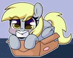Size: 3082x2481 | Tagged: safe, artist:sakukitty, derpibooru import, derpy hooves, pegasus, pony, blushing, box, cute, derpabetes, eye clipping through hair, female, folded wings, g4, heart, high res, if i fits i sits, image, jpeg, letter, looking at you, love letter, mare, mouth hold, outline, pony in a box, signature, solo, weapons-grade cute, white outline, wings