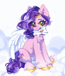 Size: 2201x2560 | Tagged: safe, artist:vanilla-chan, derpibooru import, pipp petals, pegasus, pony, g5, adorapipp, blushing, chest fluff, cloud, cute, eye clipping through hair, eyebrows, eyebrows visible through hair, female, fluffy, heart, high res, image, jpeg, letter, looking at you, love letter, mare, mouth hold, on a cloud, signature, sitting, sitting on cloud, solo, unshorn fetlocks, wings