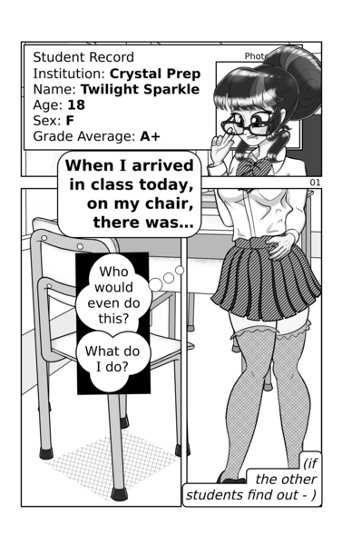 Size: 1299x2067 | Tagged: safe, artist:cybersquirrel, derpibooru import, part of a set, sci-twi, twilight sparkle, comic:take a seat miss sparkle, equestria girls, classroom, clothes, comic, dialogue, explicit source, image, manga, monochrome, png, school uniform, speech bubble, text