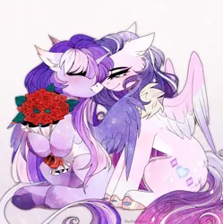 Size: 2497x2507 | Tagged: safe, artist:krissstudios, derpibooru import, oc, unofficial characters only, pegasus, pony, unicorn, bouquet, female, flower, horn, image, jpeg, mare
