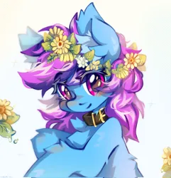 Size: 1977x2048 | Tagged: safe, artist:vanilla-chan, derpibooru import, oc, oc:nohra, unofficial characters only, earth pony, pony, blushing, chest fluff, collar, commission, ear fluff, earth pony oc, eyebrows, eyebrows visible through hair, female, flower, flower in hair, high res, image, jpeg, looking at you, mare, signature, smiling, smiling at you, solo