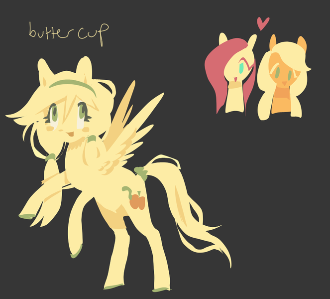 Size: 917x830 | Tagged: safe, artist:squilko, derpibooru import, oc, oc:buttercup, pegasus, pony, g4, gray background, image, magical lesbian spawn, offspring, parent:applejack, parent:fluttershy, parents:appleshy, pigtails, png, simple background, yellow coat, yellow mane