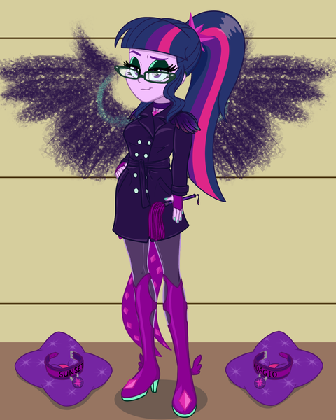 Size: 1280x1600 | Tagged: suggestive, artist:cybersquirrel, derpibooru import, part of a set, sci-twi, twilight sparkle, human, equestria girls, choker, clothes, collar, cushion, dog collar, dominatrix, eyeshadow, female, g4, image, implied adagio dazzle, implied femdom, implied femsub, implied lesbian, implied midnight sparkle, implied polyamory, implied sci-twidagio, implied scitwishimmer, implied shipping, implied subdagio, implied subset, implied sunsagio, implied sunset shimmer, lidded eyes, looking at you, makeup, pet tag, png, riding crop, scitwidom, smiling, smirk, solo, solo female, tights, trenchcoat, twidom, whip