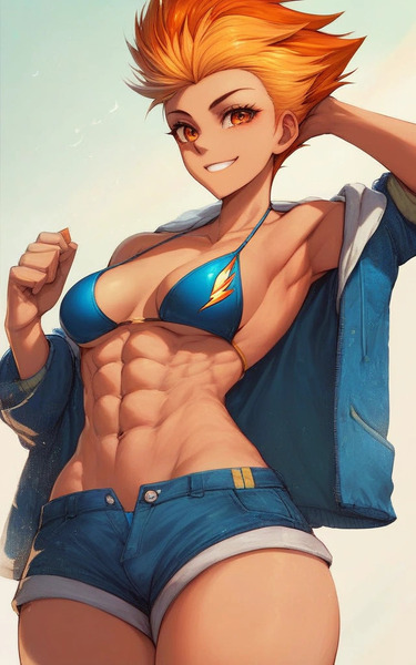 Size: 640x1024 | Tagged: suggestive, ai content, derpibooru import, editor:sammykun, machine learning generated, stable diffusion, spitfire, human, equestria girls, abs, arm behind head, armpits, beautiful, beautisexy, biceps, bikini, bikini top, breasts, busty spitfire, cleavage, clothes, denim, denim jacket, denim shorts, female, female focus, females only, fetish, g4, generator:pony diffusion v6 xl, generator:purplesmart.ai, humanized, image, jacket, jpeg, looking at you, midriff, muscle fetish, muscles, muscular female, open clothes, open jacket, open smile, prompter:sammykun, sexy, short hair, shorts, smiling, smiling at you, solo, solo female, solo focus, stupid sexy spitfire, swimsuit, teeth, wide hips