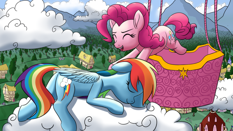 Size: 3840x2160 | Tagged: safe, artist:stellardust, derpibooru import, pinkie pie, rainbow dash, earth pony, pegasus, pony, cloud, cute, duo, female, floppy ears, g4, hot air balloon, image, jumping, mare, on a cloud, png, ponyville, redraw, sleeping, sleeping on a cloud, sleepydash