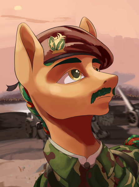 Size: 2340x3150 | Tagged: safe, artist:fly over, derpibooru import, oc, earth pony, pony, equestria at war mod, beret, bust, camouflage, clothes, hat, image, male, military, png, portrait, solo, sunset, uniform