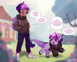 Size: 1542x1250 | Tagged: safe, artist:riukime, derpibooru import, oc, oc:jinx, unofficial characters only, draconequus, human, hybrid, pony, colored sclera, cute, dialogue, draconequus oc, duality, female, filly, foal, human ponidox, humanized, humanized oc, image, interspecies offspring, jpeg, ocbetes, offspring, open mouth, open smile, parent:discord, parent:twilight sparkle, parents:discolight, self paradox, self ponidox, smiling, speech bubble, yellow sclera