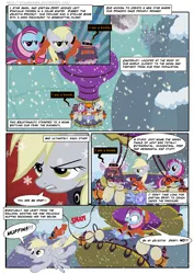 Size: 1273x1800 | Tagged: safe, artist:pixelkitties, derpibooru import, derpy hooves, oc, oc:star swirl, earth pony, pegasus, pony, comic:my little sunshine, canterlot, clothes, comic, duo, duo female, female, g4, hot air balloon, image, jpeg, mare, moon, nuclear weapon, snow, snowfall, uniform, weapon